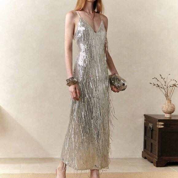Dresses & Skirts - Silver Sequin Women's Spaghetti Strap Midi Bodycon Dress